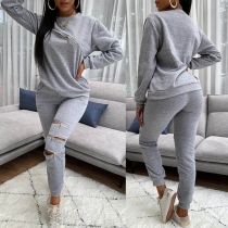 Sexy Solid Color Round Neck Zipper Long Sleeve Sweatshirt Set