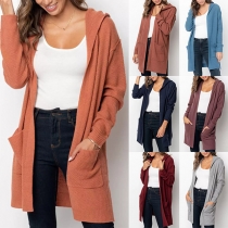 Simple Style Long Sleeve Hooded Slit Hem Loose Knit Cardigan