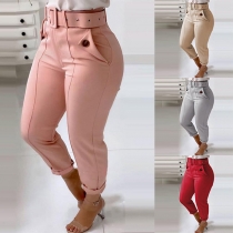 Solid Color High-waist Slim Fit Pants with Belt
