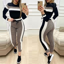 Fashion Plaid Spliced Long Sleeve Round Neck Top + Pants Two-piece Set
