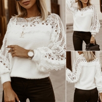 Fashion Hollow Out Lace Spliced Lantern Sleeve Round Neck Knitted Top(The size of this top runs big)