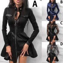 Fashion Long Sleeve Stand Collar PU Leather Spliced Dress