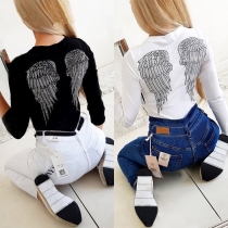 Solid Color Round Neck Wing Printed Long Sleeve Slim Fit Top