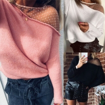 Sexy See-through Gauze Spliced Long Sleeve Round Neck Knitted Top