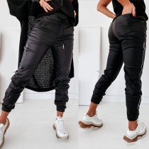 Fashion High Waist Side-pocket PU Leather Pants