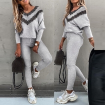 Fashion Lace Spliced V-neck Top + Pants Two-piece Set