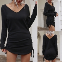 Fashion Solid Color Long Sleeve V-neck Side-drawstring Dress
