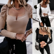 Simple Style Long Sleeve V-neck Solid Color Slim Fit Knitted Top