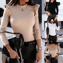 Solid Color Round Neck Long Sleeve Slim Fit Knitted Top