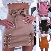 Sexy Solid Color High-waist Lace-up Slit Hem Skirt