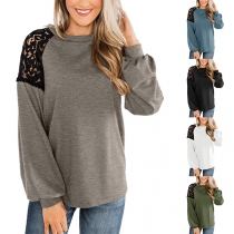 Loose Round Neck Lace Spliced Long Sleeve Top