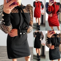 Sexy Sequin Gauze Spliced Puff Sleeve Bow-knot Collar Slim Fit Dress