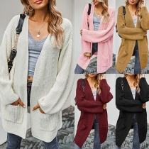 Fashion Solid Color Mid Length Long Sleeve Knitted Cardigan