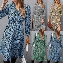 Fashion Long Sleeve V-neck High Waist Zebra Printed Dress