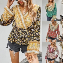 Retro V-neck Long Sleeve Printed Top