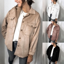 Solid Color Lapel Single Breasted Double Pockets Faux Suede Jacket (Size falls small)