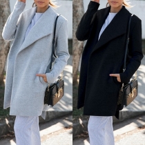 Fashion Solid Color Lapel Long Sleeve Coat with Waist Strap