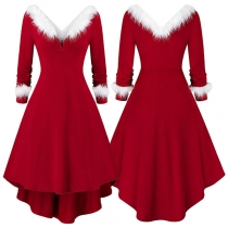 Sexy Backless V-neck High-low hem Contrast Color Christmas Dress