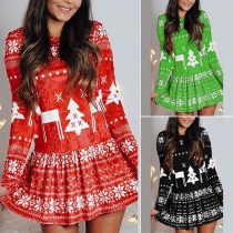 Fashion Christmas Printed Round Neck Long Sleeve Dress
