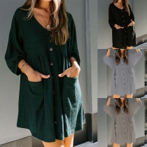 Fashion Solid Color 3/4 Sleeve V-neck Single-breasted Loose Dress