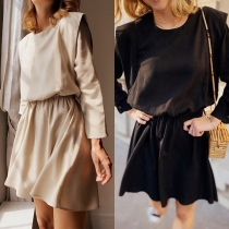 Chic Style Long Sleeve Round Neck Gathered Waist Dress