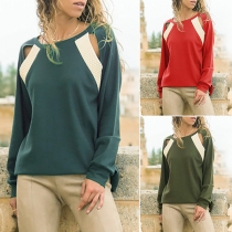 Fashion Contrast Color Long Sleeve Round Neck Hollow Out T-shirt