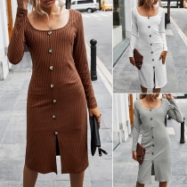 Retro Style Long Sleeve Square Collar Single-breasted Dress
