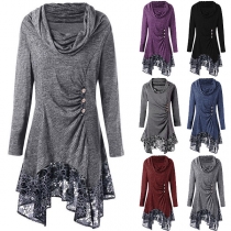 Fashion Long Sleeve Cowl Neck Lace Spliced Hem Dress
