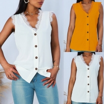 Fashion Solid Color Sleeveless V-neck Lace Spliced Top