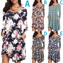 Fashion Long Sleeve Round Neck Irregular Hem Printed Dress