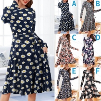 Fresh Style Long Sleeve Round Neck High Waist Printed Dress