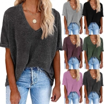 Fashion Solid Color Long Sleeve V-neck High-low Hem T-shirt