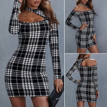 Sexy Off-shoulder Long Sleeve Slim Fit Plaid Dress