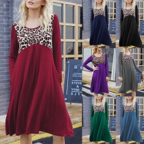 Fashion Leopard Spliced Long Sleeve Round Neck Dress