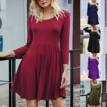 Simple Style Long Sleeve Round Neck High Waist Solid Color Dress