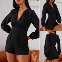 Sexy Deep V-neck Long Sleeve High Waist Solid Color Romper
