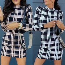 Fashion Long Sleeve Mock Neck Slim Fit Plaid Dress