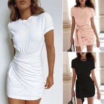 Solid Color Short Sleeve Round Neck Lace-up Dress
