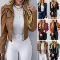 Fashion Solid Color Long Sleeve POLO Collar PU Leather Jacket
