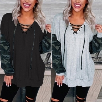 Fashion Camouflage Printed Spliced Long Sleeve Lace-up V-neck Top