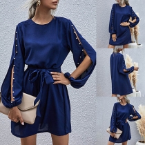 Solid Color Round Neck Split Long Sleeve Loose Dress