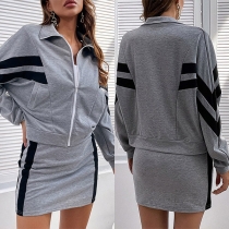 Fashion Contrast Color Long Sleeve Sweatshirt Coat + Skirt Two-piece Set