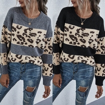 Fashion Leopard Printed Spliced Round Neck Long Sleeve Knitted Top