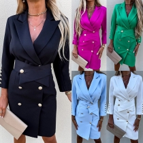 OL Style Long Sleeve V-neck Solid Color Slim Fit Thin Blazer Dress