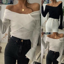 Sexy Off-shoulder Boat Neck Trumpet Sleeve Solid Color Slim Fit Top