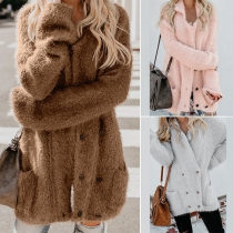 Fashion Solid Color Long Sleeve Double-breasted Knit Cardigan