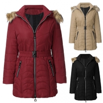 Fashion Solid Color Detachable Faux Fur Spliced Hooded Padded Coat