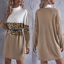 Fashion Contrast Color Leopard Spliced Long Sleeve Mock Neck Dress