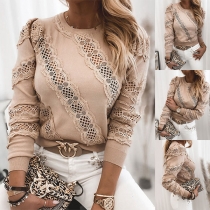 Fashion Lace Spliced Long Sleeve Round Neck Top