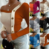 Chic Style Long Sleve V-neck Button Top